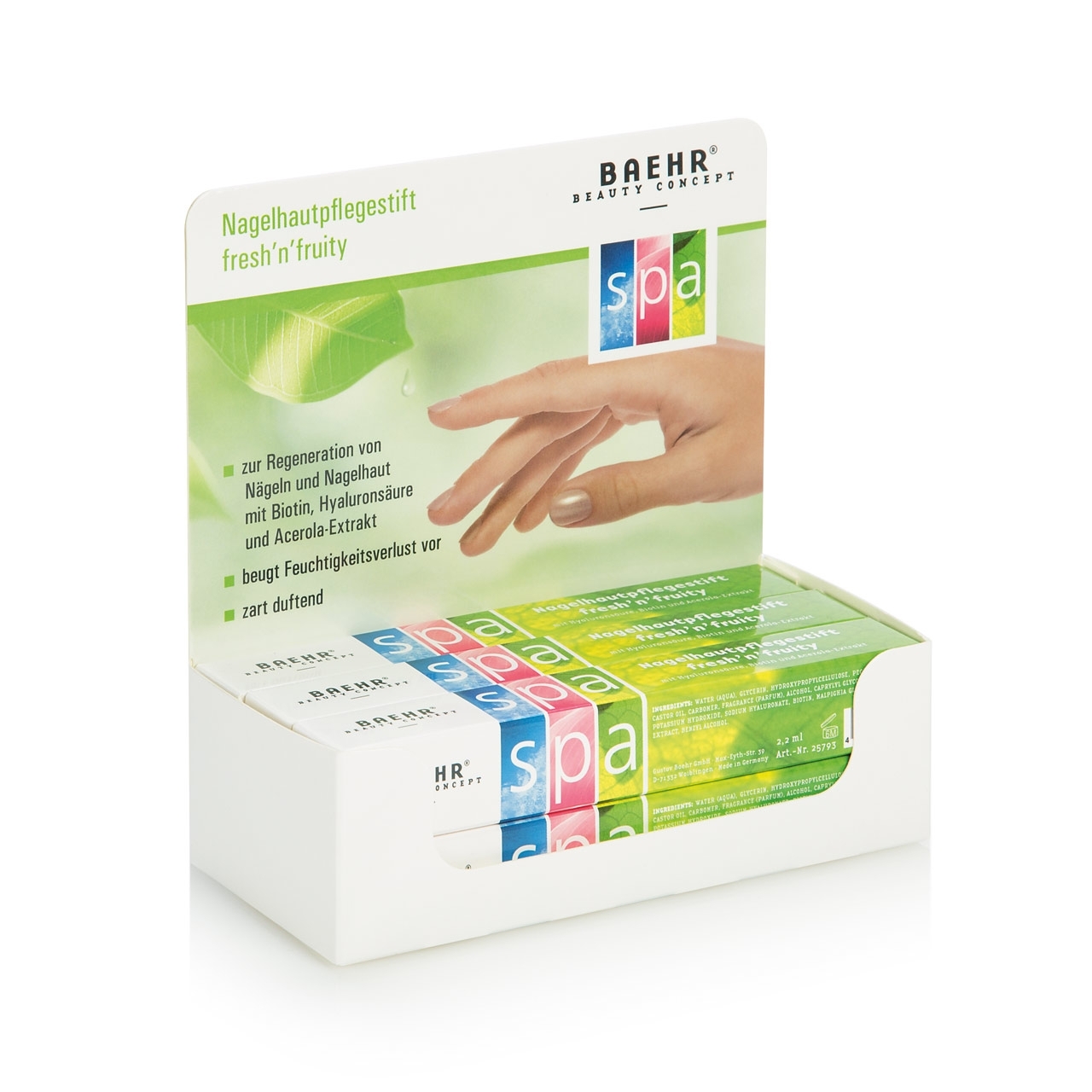 Verkaufsdisplay BAEHR BEAUTY CONCEPT - Nagelhautpflegestift freshnfruity 6 x 2,2 ml