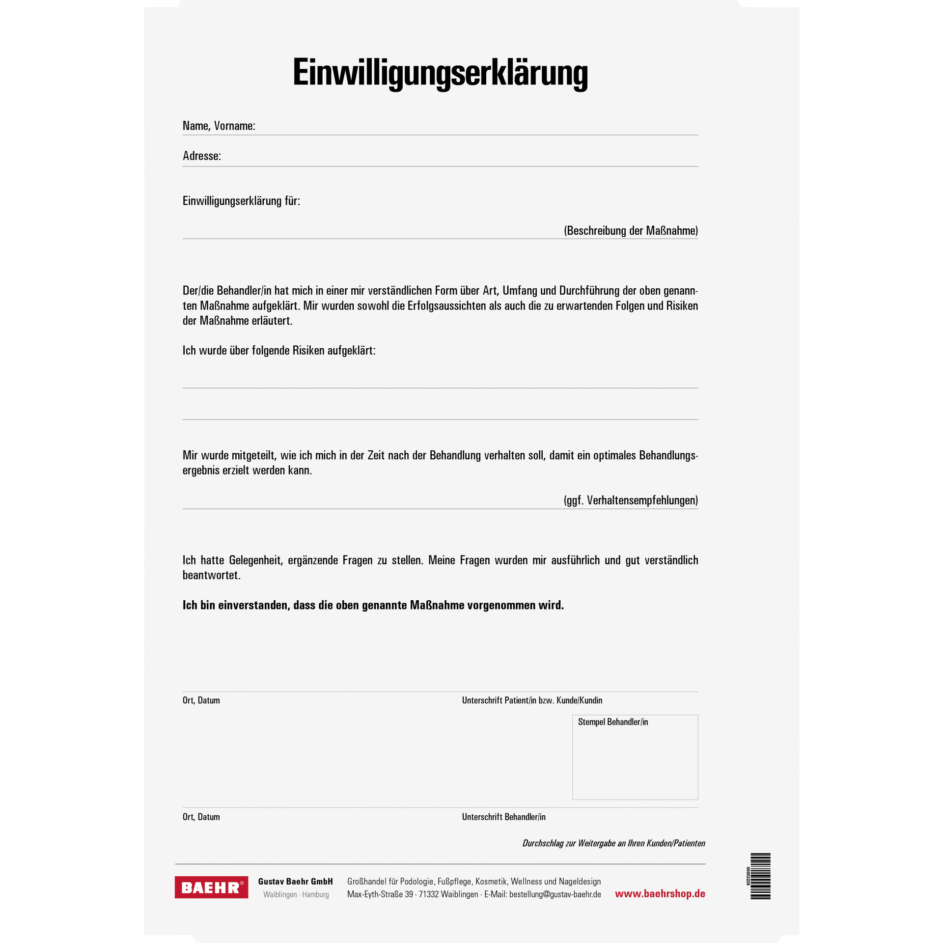 Einverständniserklärung für Ihre Kunden/Patienten 1 Block (2 x 25 Blatt)