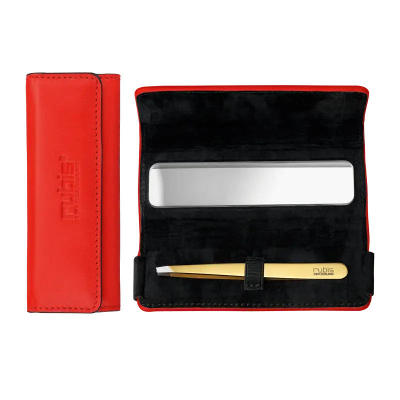 RUBIS Spiegeletui Leder in rot, mit Pinzette Classic gold