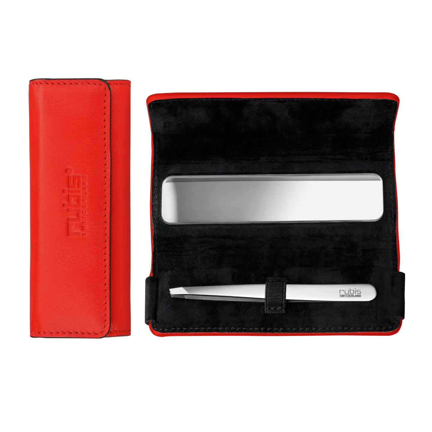 RUBIS Spiegeletui Leder in rot, mit Pinzette Classic silber