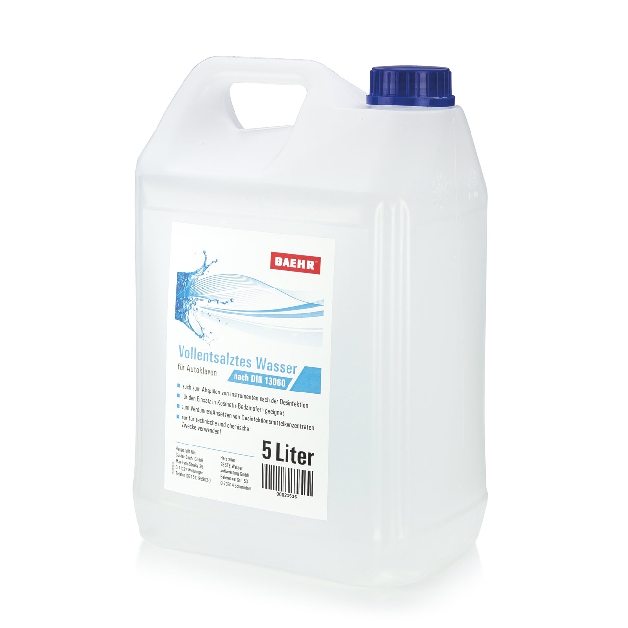 BAEHR Vollentsalztes Wasser nach DIN 13060 für Autoklaven, 5000 ml