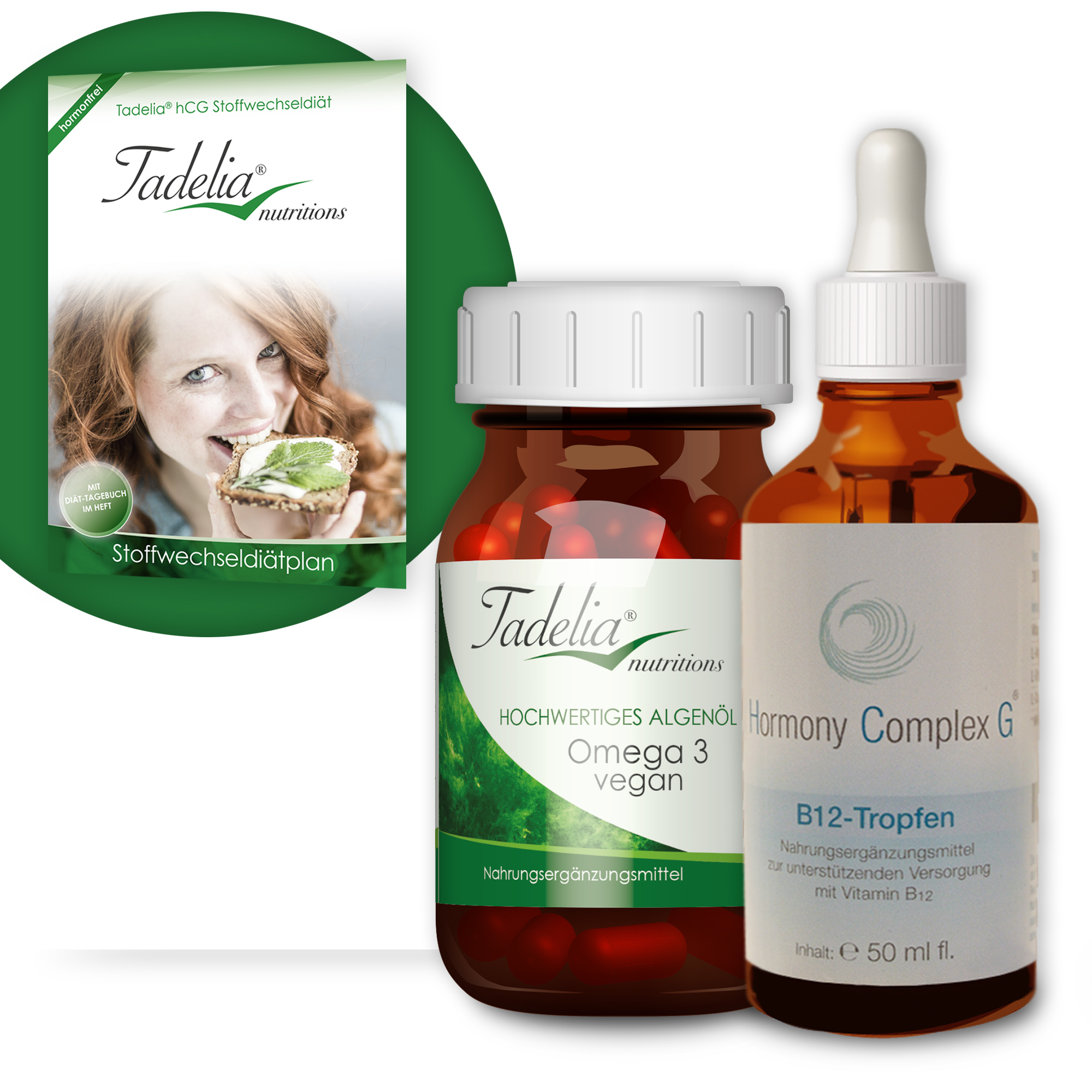 Tadelia® Omega 3 vegan mit Tadelia hCG Stoffwechseldiätplan + Hormony Complex G B12 Tropfen
