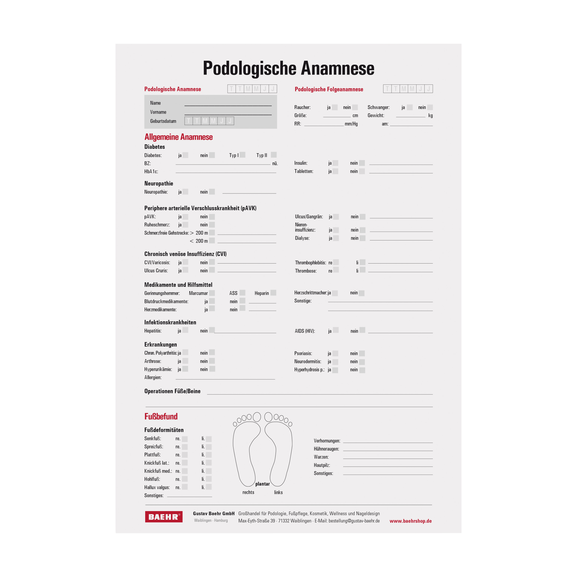 BAEHR Anamnese-/Folgeanamnese-Bogen, Podologie Block a 50 Stk